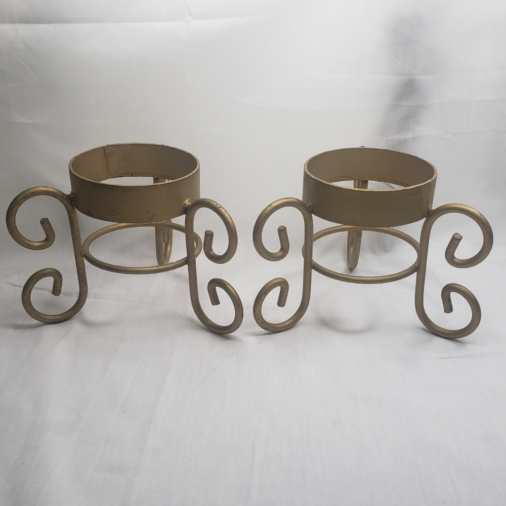 Two Gold Scrolled Metal Candle Holders Or Mini Plant Holders